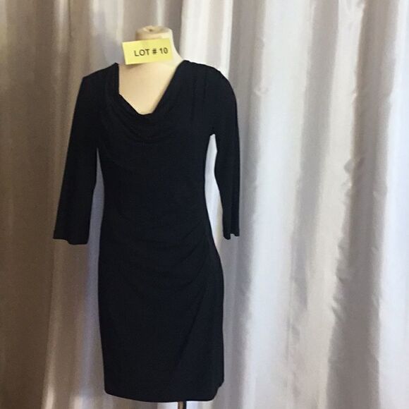 Black 3/4 sleeve dress w/ cowl neck, side pleats - Picture 2 of 12